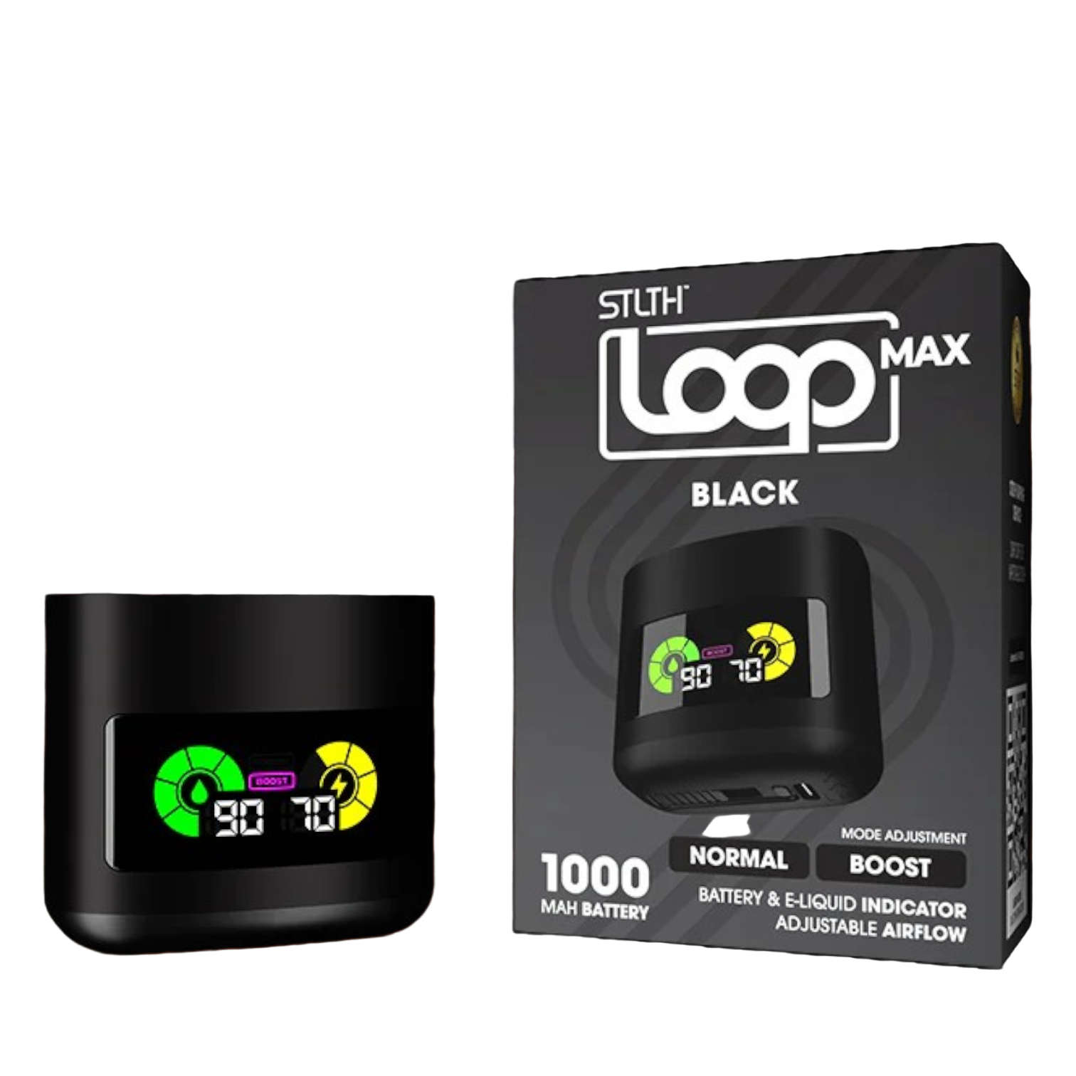 STLTH Loop MAX Device, Black colour, 1000mAh battery for extended vaping sessions with intense flavour, ideal for Ontario and Quebec vapers.