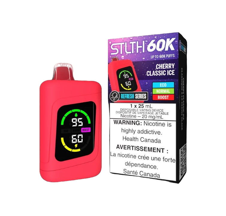 STLTH 60K, Cherry Classic Ice flavour disposable vape, smooth nicotine hit, crafted for reliable and refreshing vaping in Ontario and Quebec.