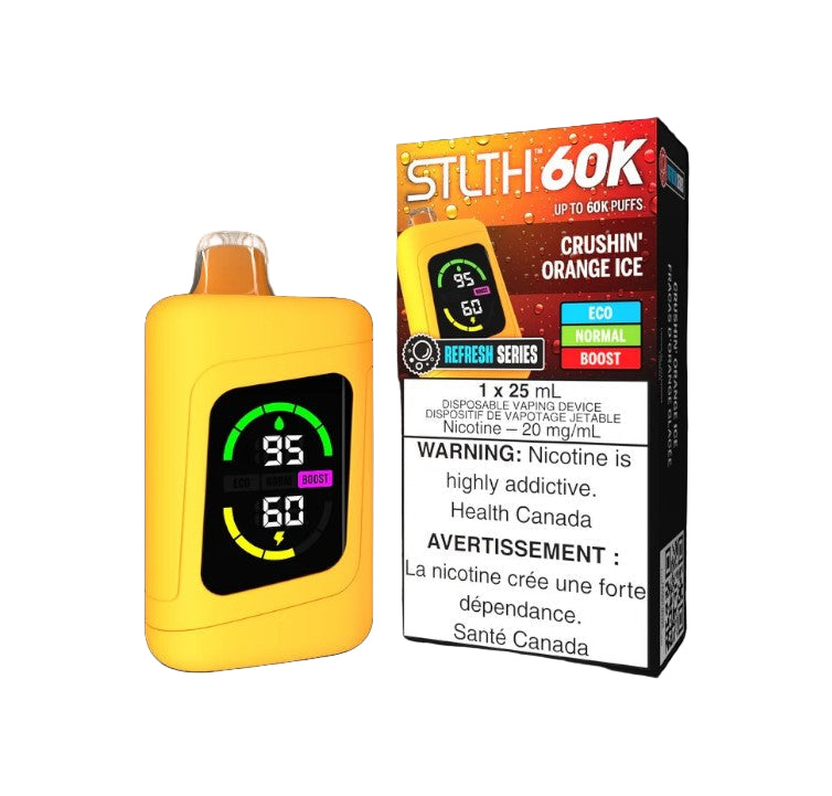STLTH 60K Disposable, Crushin' Orange Ice flavour, fast USB-C charging, upgraded display, designed for Ontario and Quebec vapers.