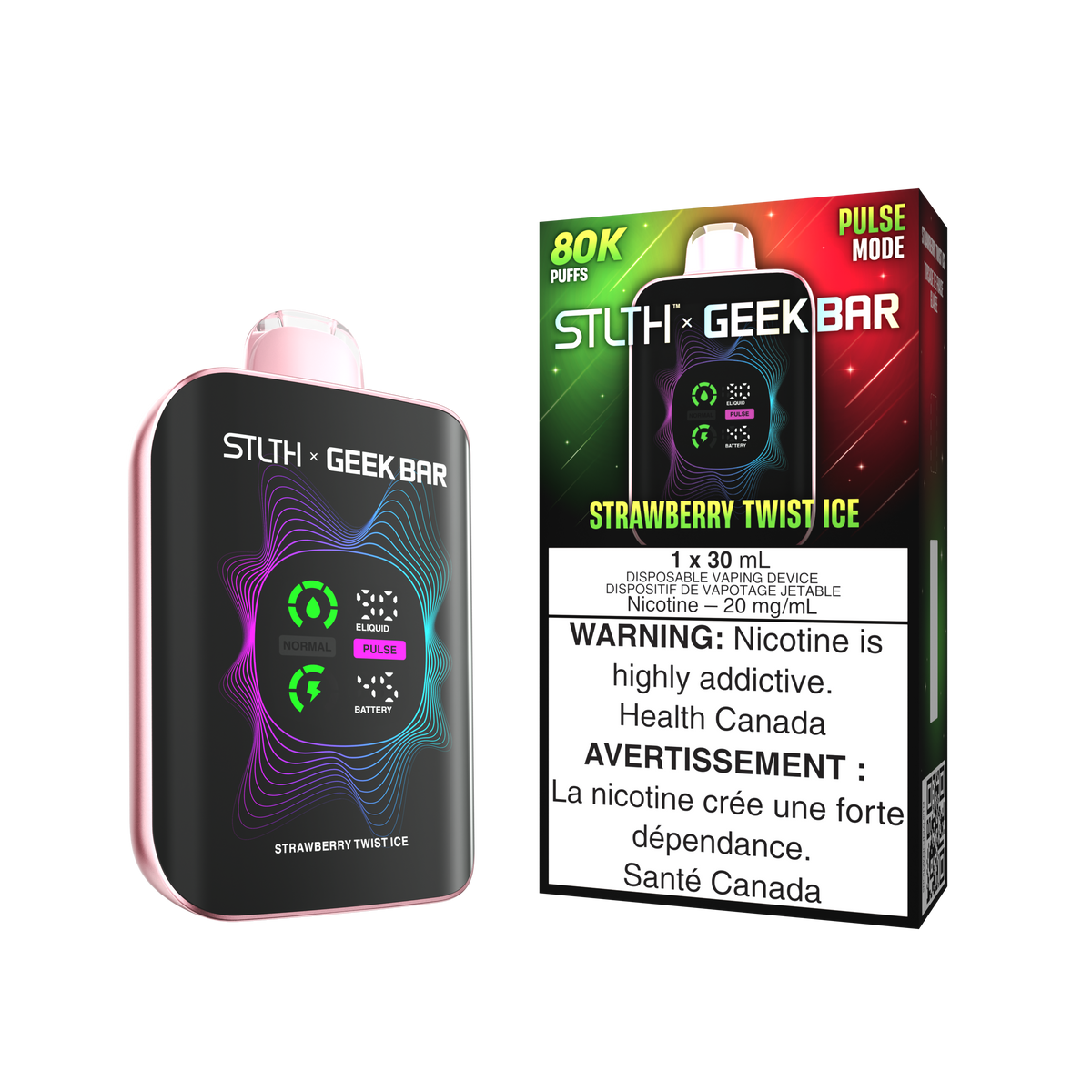 STLTH x Geek Bar 80K disposable vape — Strawberry Twist Ice flavour | Supa Vapes Canada