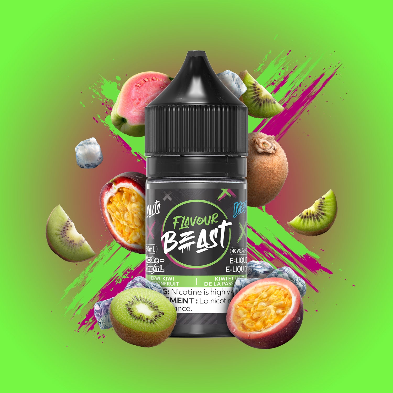 Flavour Beast E-Liquid Salt (30mL), Grapplin Grape Sour Apple Iced flavor with 20mg nicotine salt, intense and smooth vaping experience, designed for vapers in Ontario and Quebec.