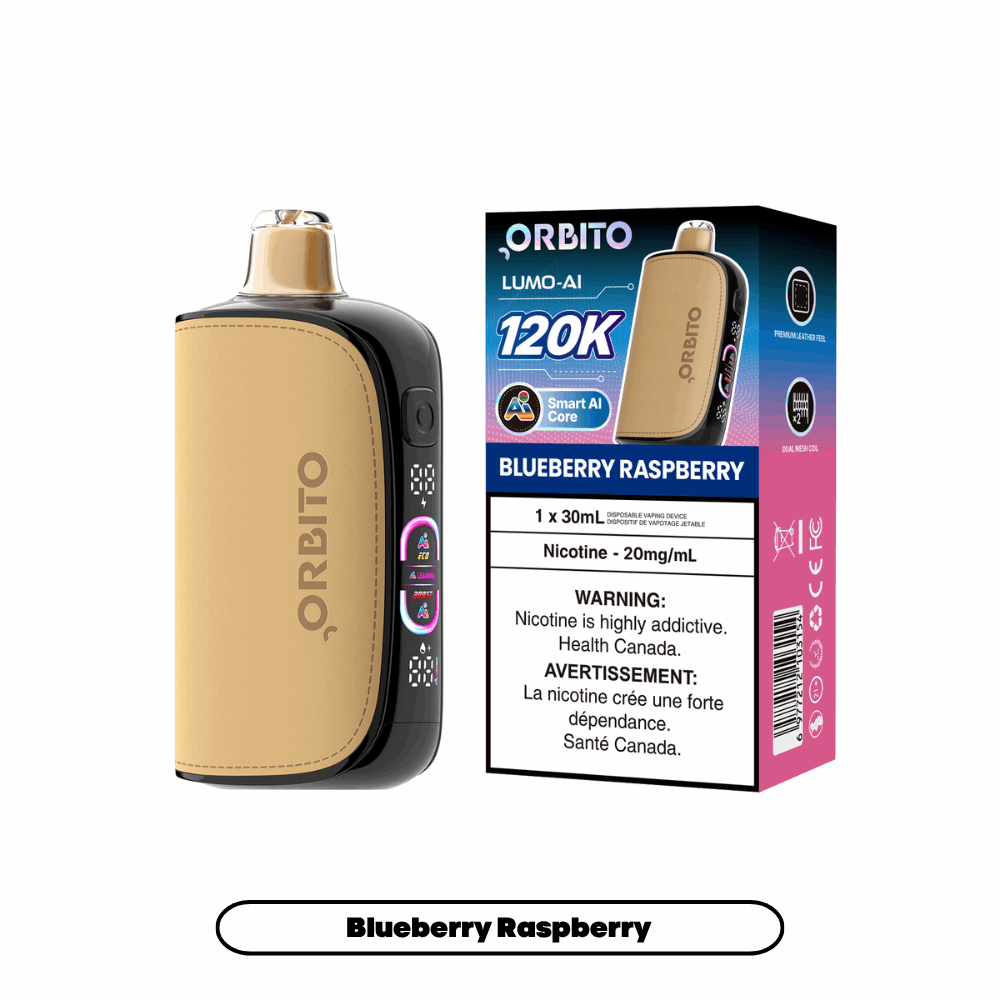 Orbito Lumo-AI 120K disposable vape in Blueberry Raspberry flavour with Smart AI Core, 120,000 puffs, 20mg salt nicotine, available at SupaVapes Canada.