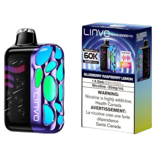 Linvo Rave 60000 PRO, Blueberry Raspberry Lemon flavour, beat-sensing LED lights, up to 60,000 puffs for long-lasting satisfaction, ideal for Ontario and Quebec vapers.