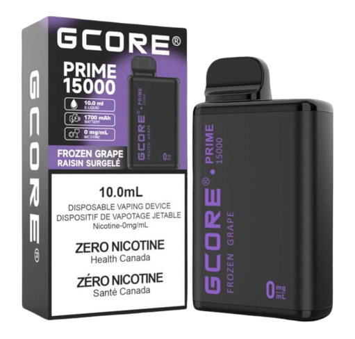 GCORE PRIME 15000 Disposable, Frozen Grape flavour, zero nicotine, nicotine-free vape with up to 15,000 puffs and long battery life, ideal for Ontario and Quebec vapers.