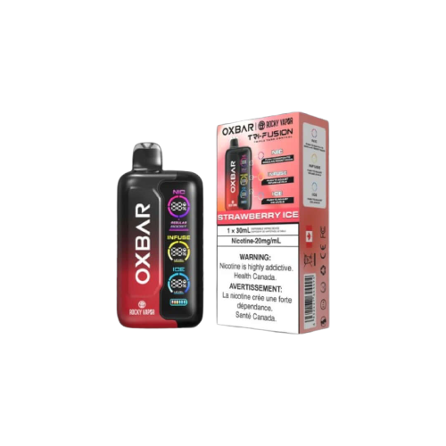 Rocky Vapor Oxbar Tri Fusion, Strawberry Ice flavour, rich smooth vapor with triple tank control, ideal for vape enthusiasts in Ontario and Quebec.