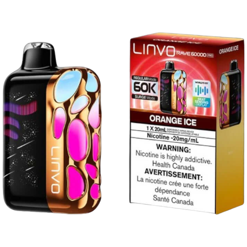 Linvo Rave 60000 PRO, Orange Ice flavour, 60,000 puffs capacity, beat-sensing LED lights, adjustable airflow, rechargeable battery, premium disposable vape for Ontario and Quebec vapers.