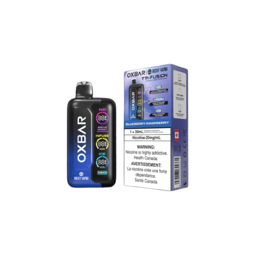 Rocky Vapor Oxbar Tri Fusion, Blueberry Raspberry flavour, premium vaping device delivering up to 45,000 puffs with custom control, designed for Ontario and Quebec users.