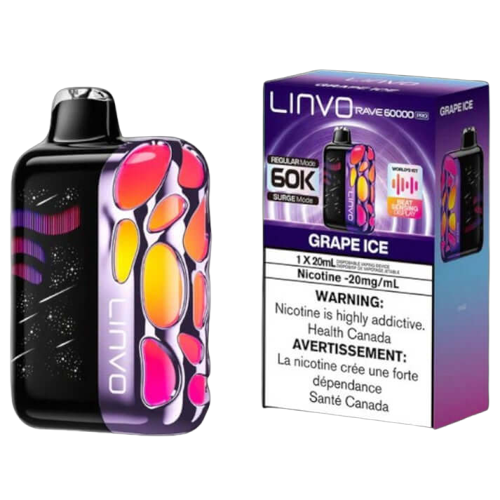 Linvo Rave 60000 PRO, Grape Ice flavour, 60,000 puffs, smart LED display, customizable airflow, rechargeable battery, premium disposable vape for Ontario and Quebec vapers.