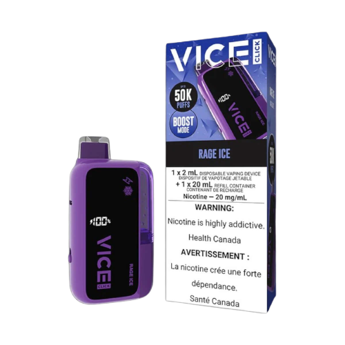 VICE CLICK Disposable, RAGE ICE flavour, nicotine-free disposable vape device, designed for vaping fans in Ontario and Quebec.