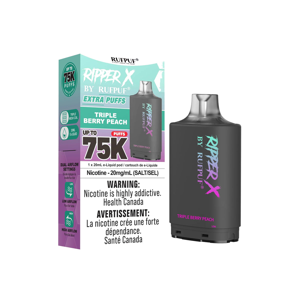 Ripper X 75K (10mg) Triple Berry Peach prefilled salt nicotine pod