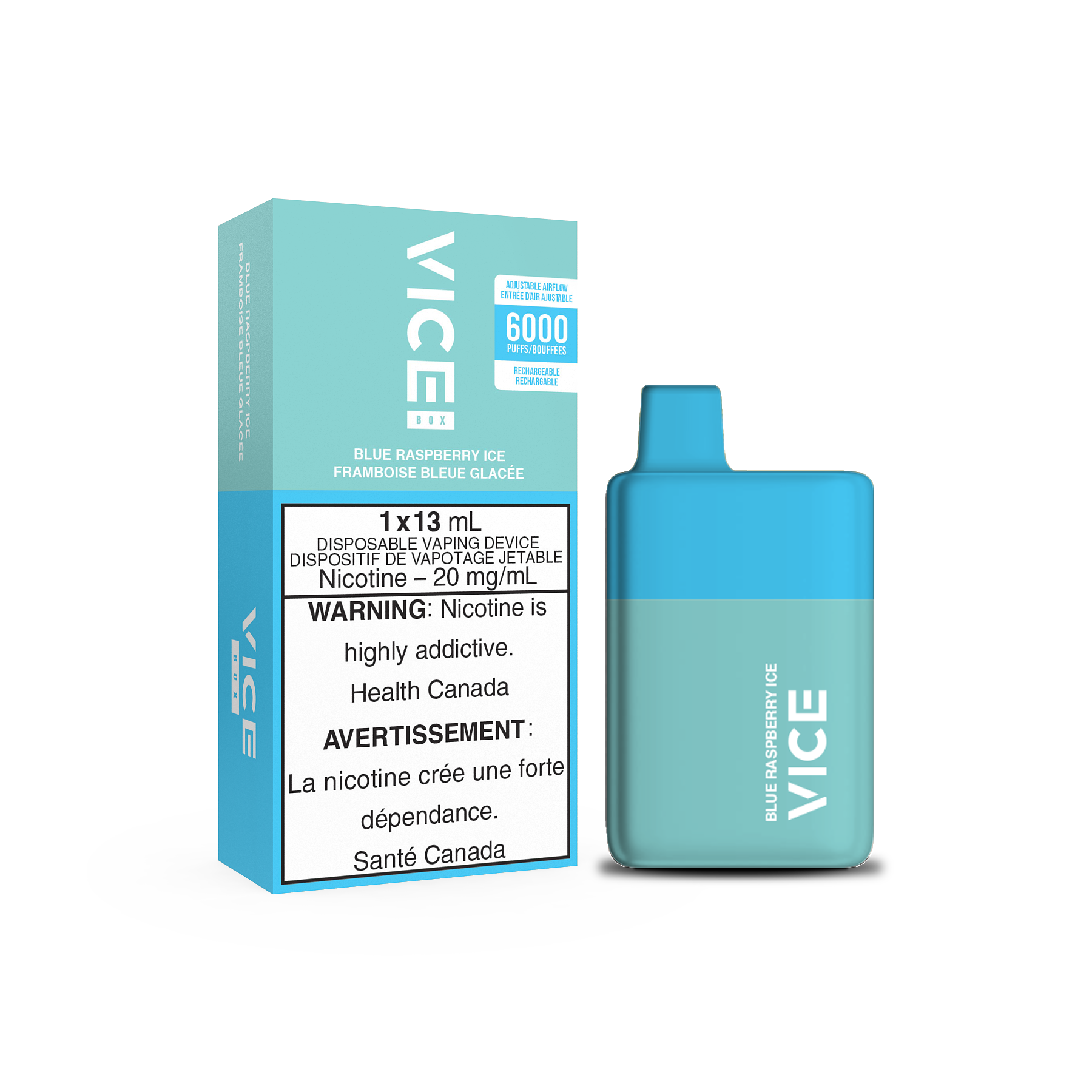 VICE Box 6000, Blue Cherry Ice flavour, refreshing icy cherry taste, disposable vape device, ideal for vapers in Ontario and Quebec.