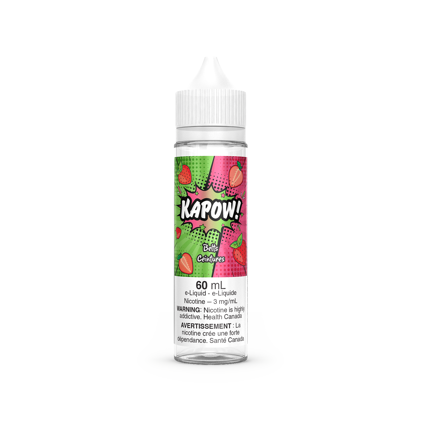 KAPOW! Belts flavour, 0mg nicotine, sweet candy-inspired e-juice, smooth vaping experience, ideal for Ontario and Quebec vapers.