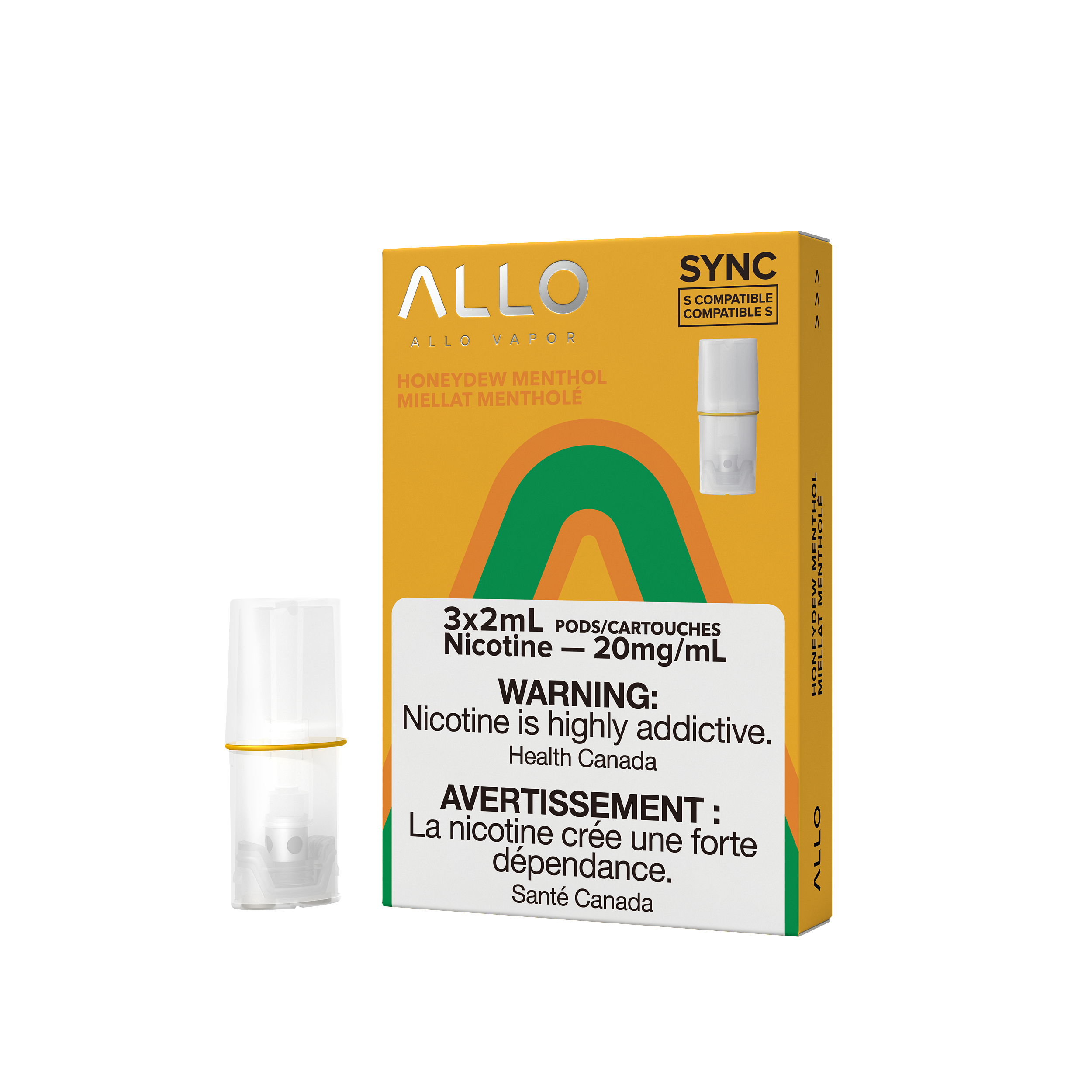 Allo Sync Pods, Cappuccino flavour, 20mg/mL nicotine, STLTH-compatible draw-activated pod with secure press-fit mesh coil, ideal for Ontario and Quebec vapers.
