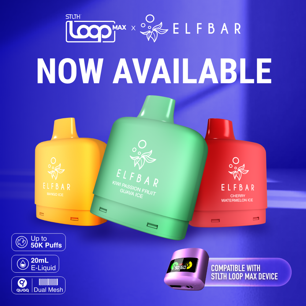 STLTH LOOP MAX x ELFBAR Pod and Device shown together with Boost Mode and e-liquid display highlighted.