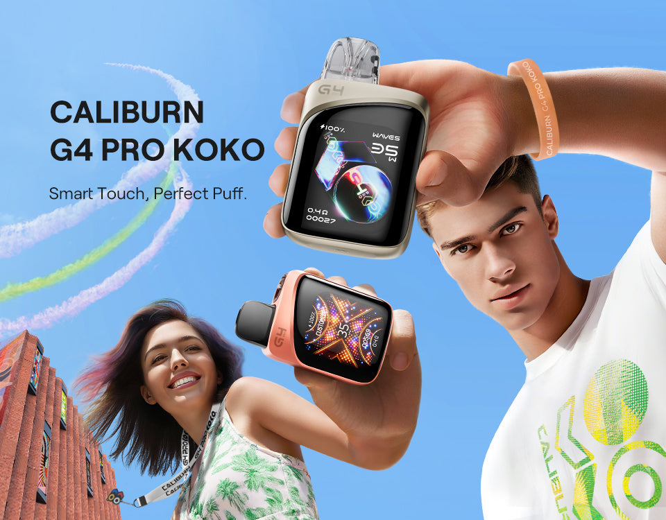 UWELL Caliburn G4 Pro KOKO Open Pod Kit with touchscreen, pods, and packaging displayed, highlighting customization features. Buy it now at Supa Vapes, Best Vape Shop in Canada