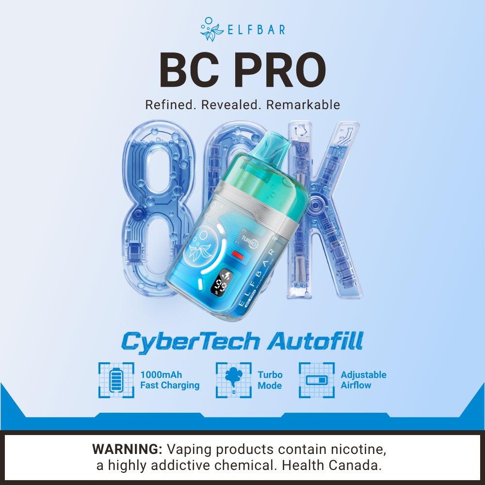 Elf Bar BC PRO 80K disposable vape with transparent tank shown on a futuristic background, highlighting its 80,000‑puff design and advanced features.