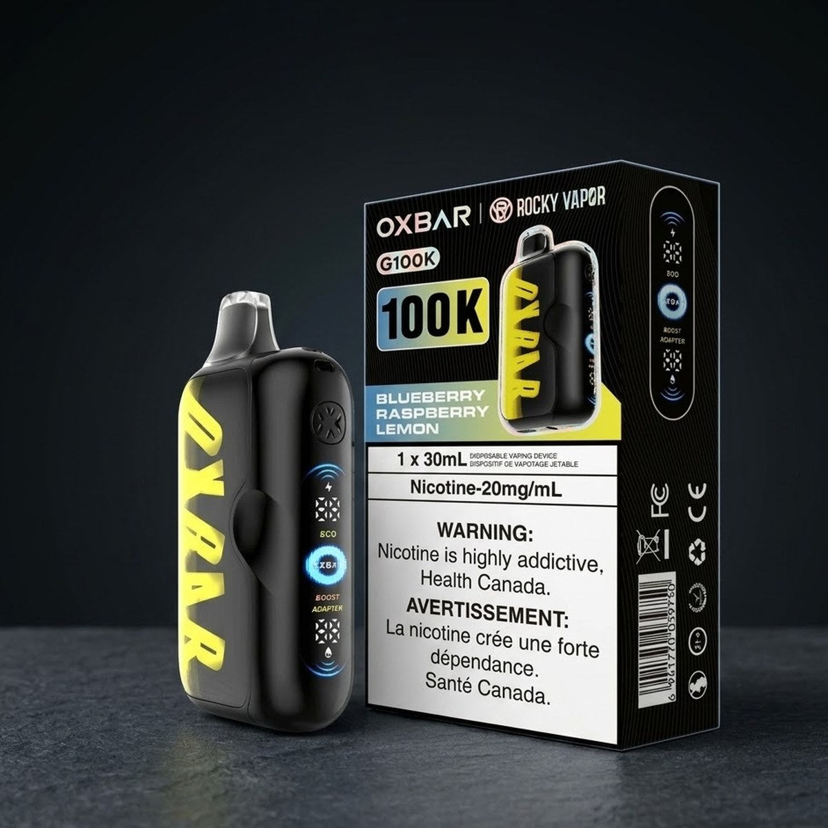 Oxbar G100K vape and retail box on a dark studio backdrop