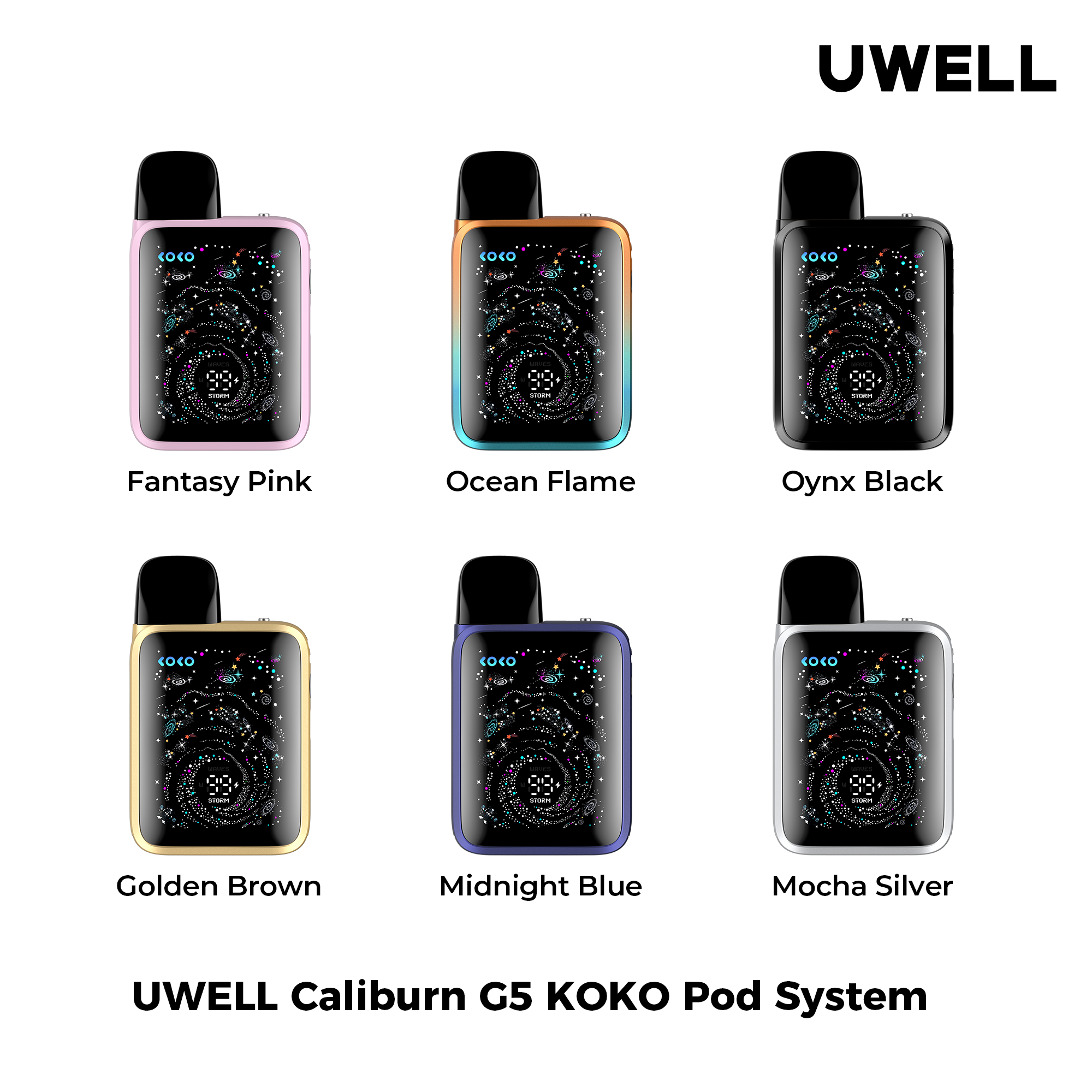 UWELL Caliburn G5 KOKO Pod System in various colors on a white background