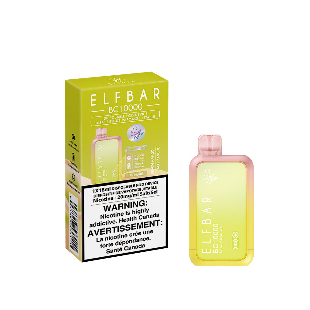 Elf Bar disposable vape device packaging with warning label on a white background. BC10000-Peach-Mango