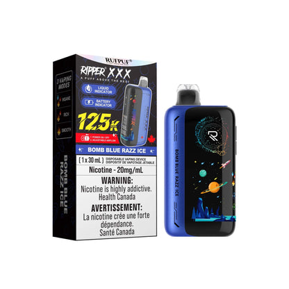 Ripper XXX 125K Disposable Vape with Bomb Blue Razz Ice flavor and 30mL e-liquid capacity