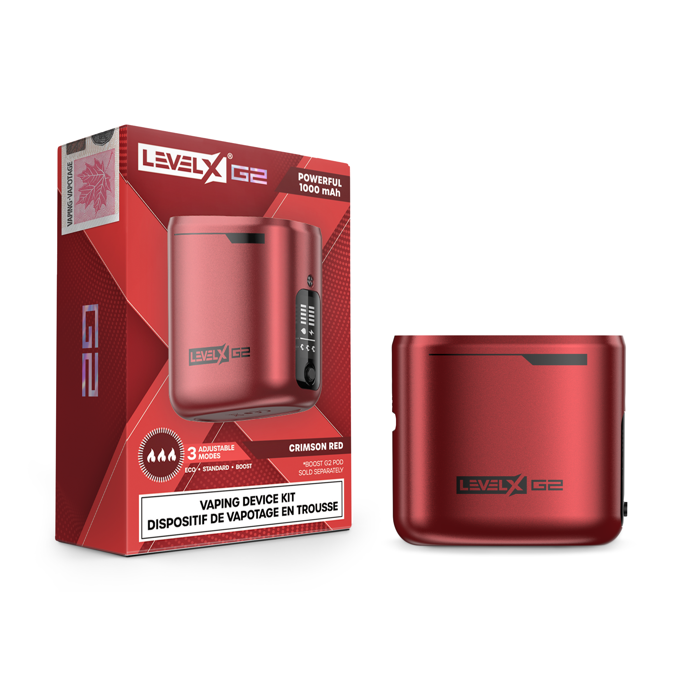 Level X G2 Battery, Crimson Red variant with regular and Boost dual coil modes, designed for Ontario and Quebec vapers.