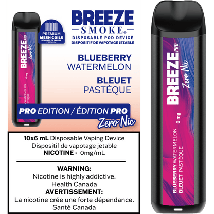 Breeze PRO 0MG, Cherry Lemon flavour, nicotine-free disposable vape with up to 2,000 puffs, built-in 1,000mAh battery and enhanced mesh coil for smooth hits in Ontario and Quebec.