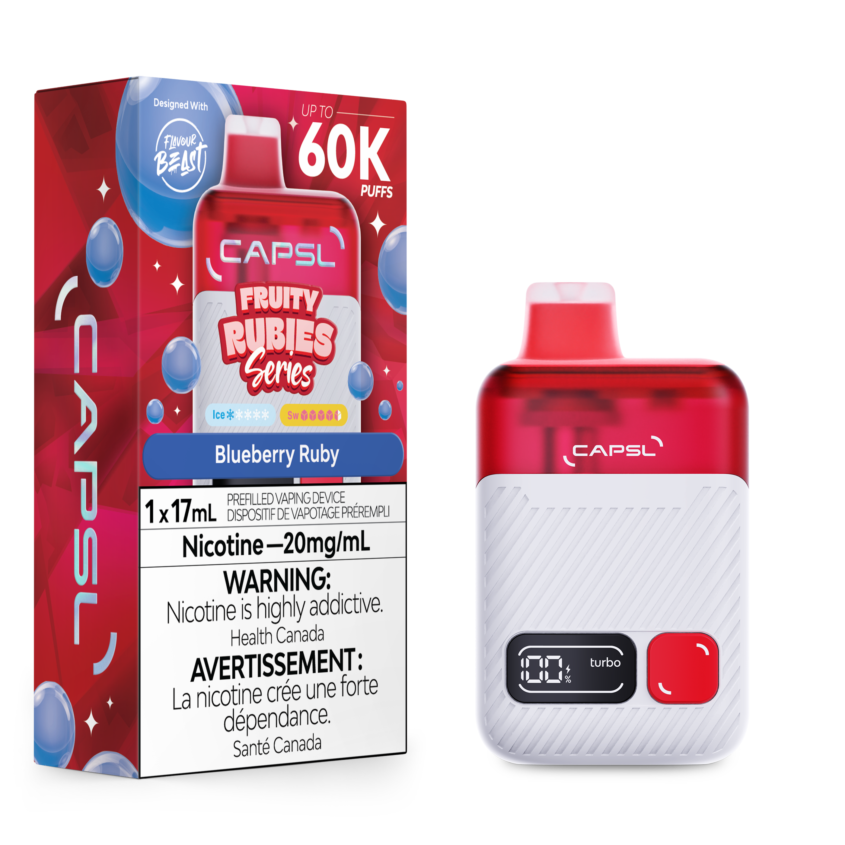 CAPSL vape device and packaging with blueberry ruby flavor on a white background