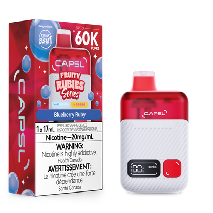 CAPSL vape device and packaging with blueberry ruby flavor on a white background