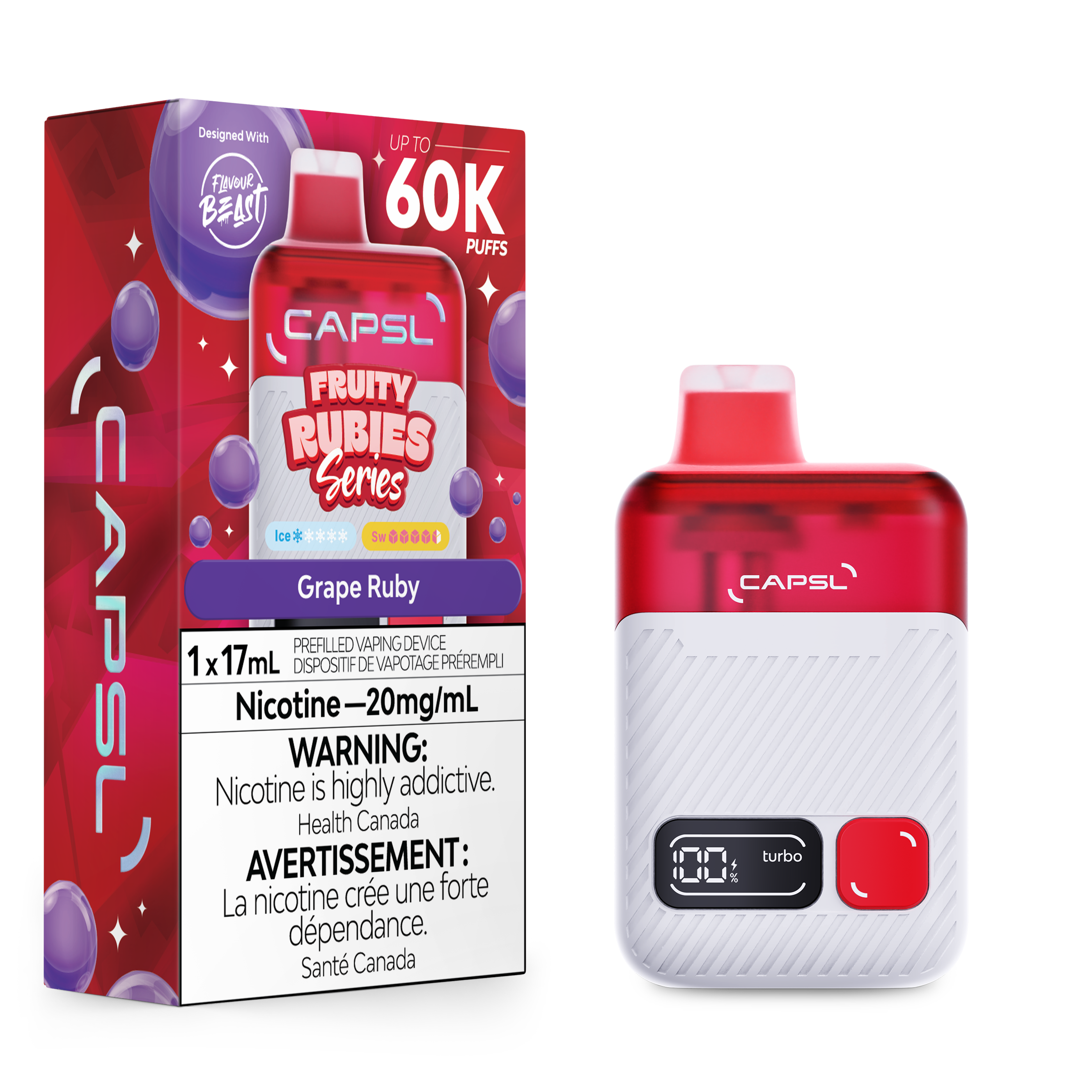 CAPSL vape device and packaging with 'Grape Ruby' flavor on a white background