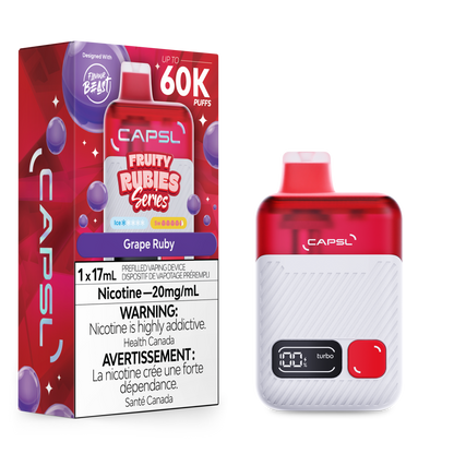 CAPSL vape device and packaging with 'Grape Ruby' flavor on a white background