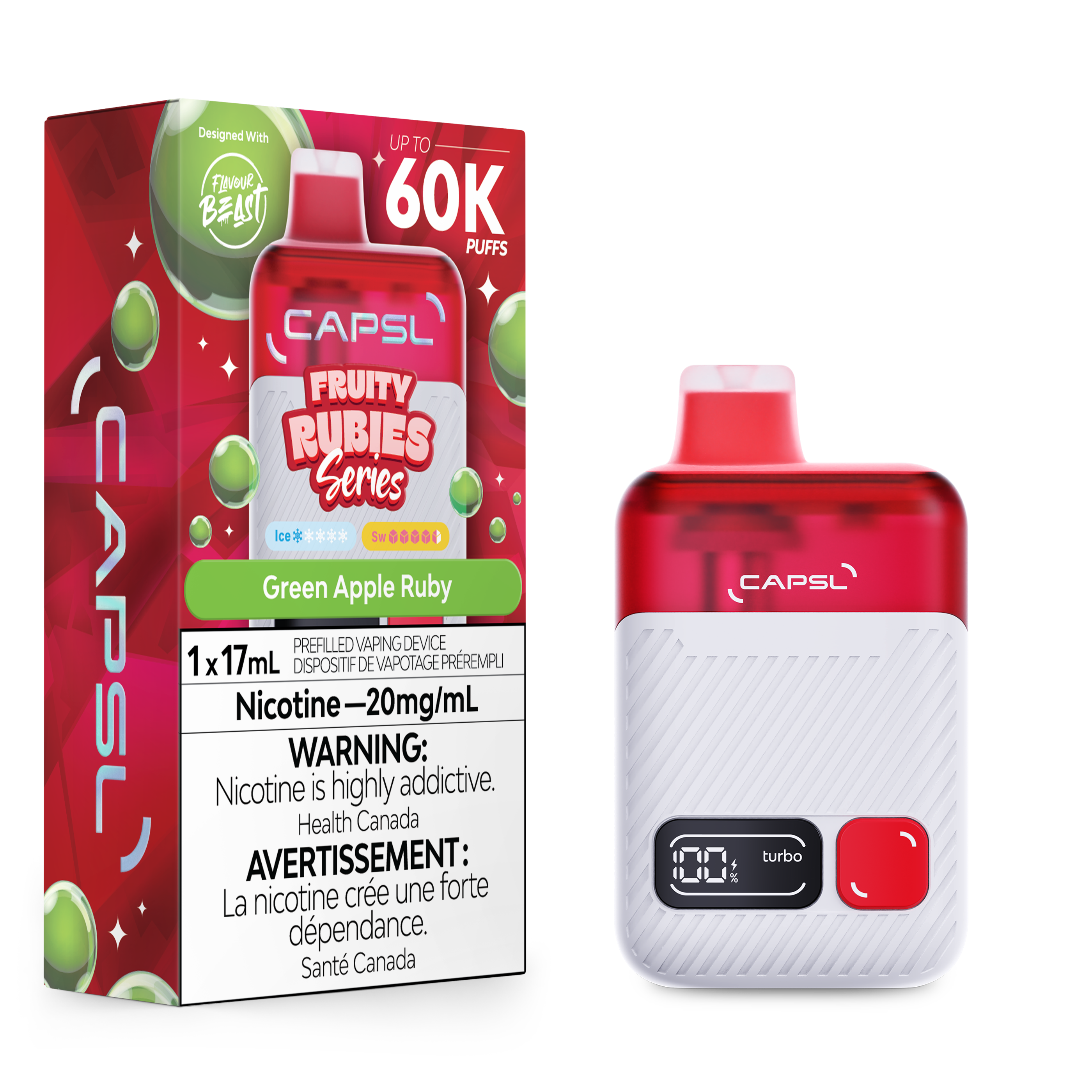 CAPSL vape device and packaging with green apple ruby flavor on a white background