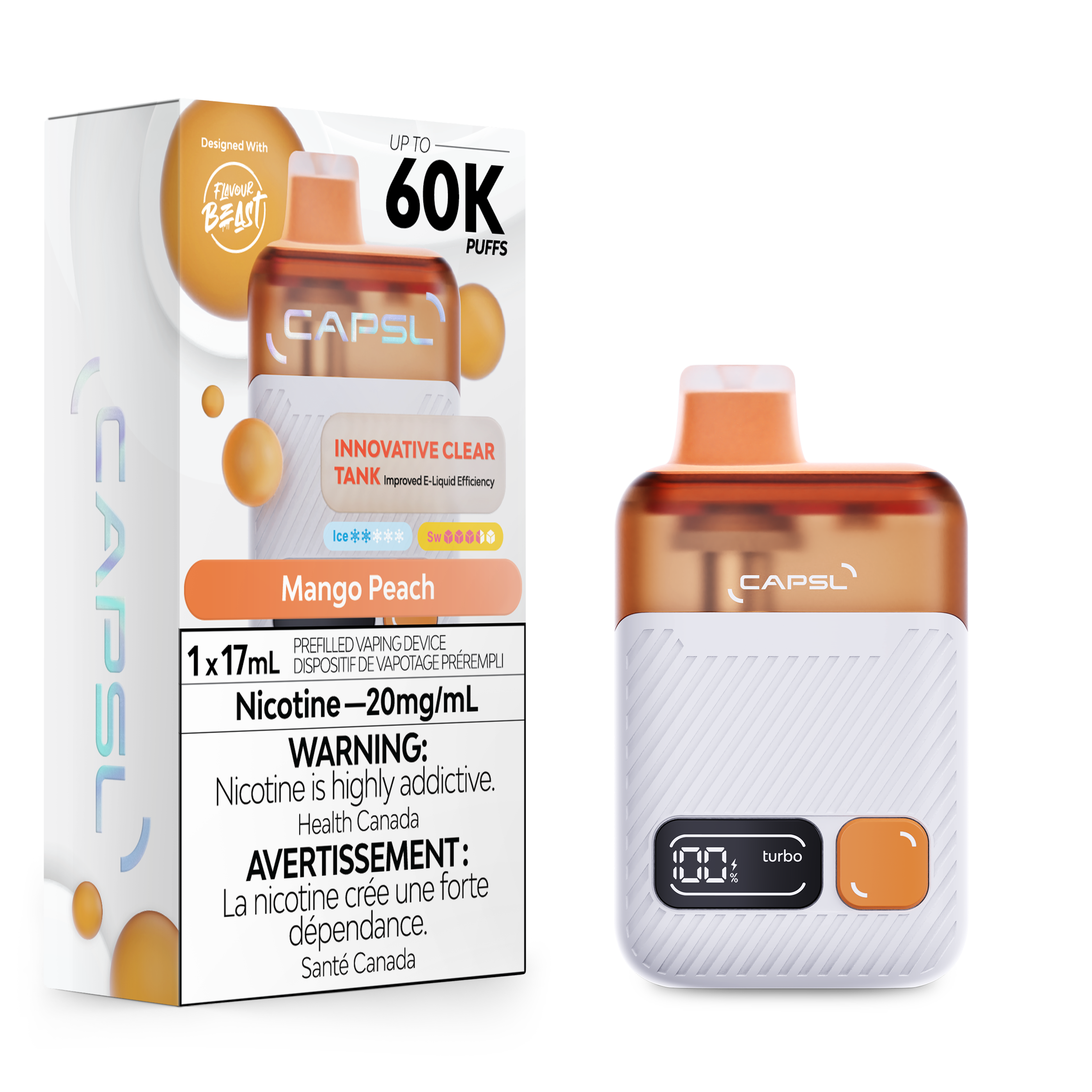 CAPSL vape device and packaging with mango peach flavor on a white background