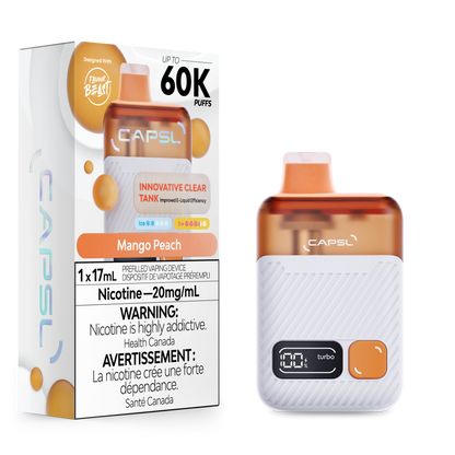 CAPSL vape device and packaging with mango peach flavor on a white background