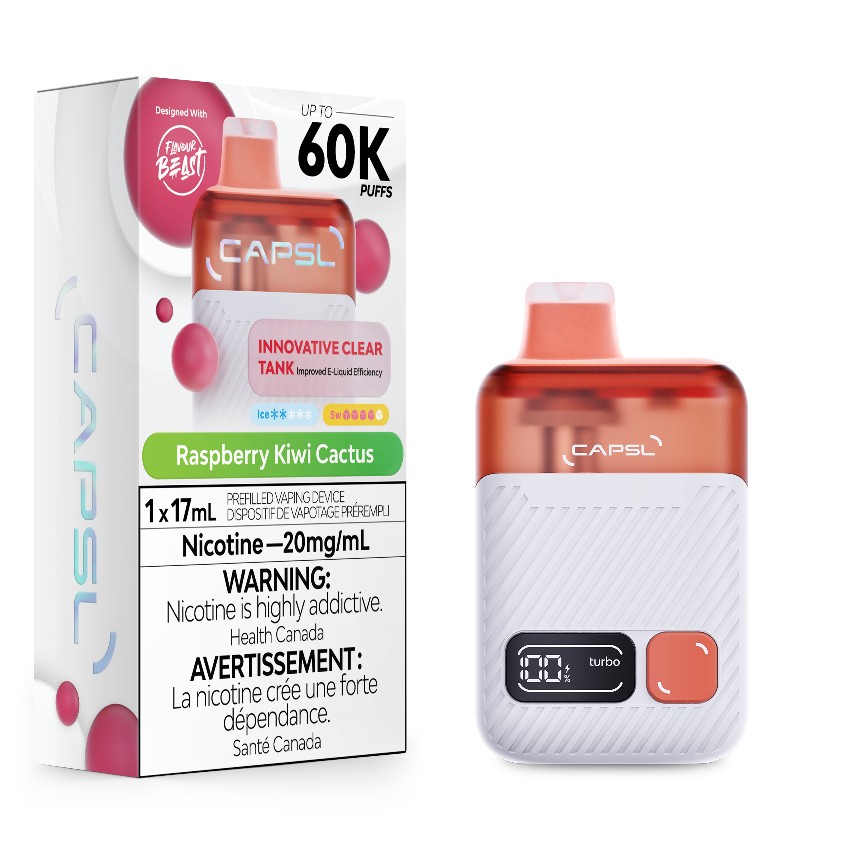 CAPSL vape device and packaging with raspberry kiwi cactus flavor on a white background