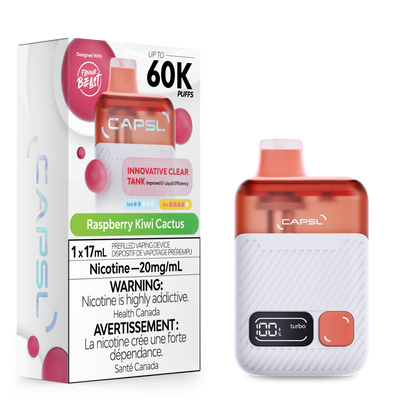 CAPSL vape device and packaging with raspberry kiwi cactus flavor on a white background