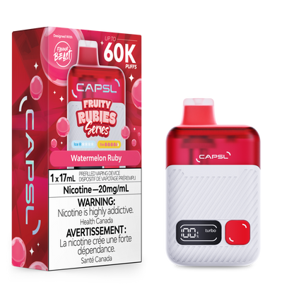CAPSL vape device and packaging with watermelon ruby flavor on a white background