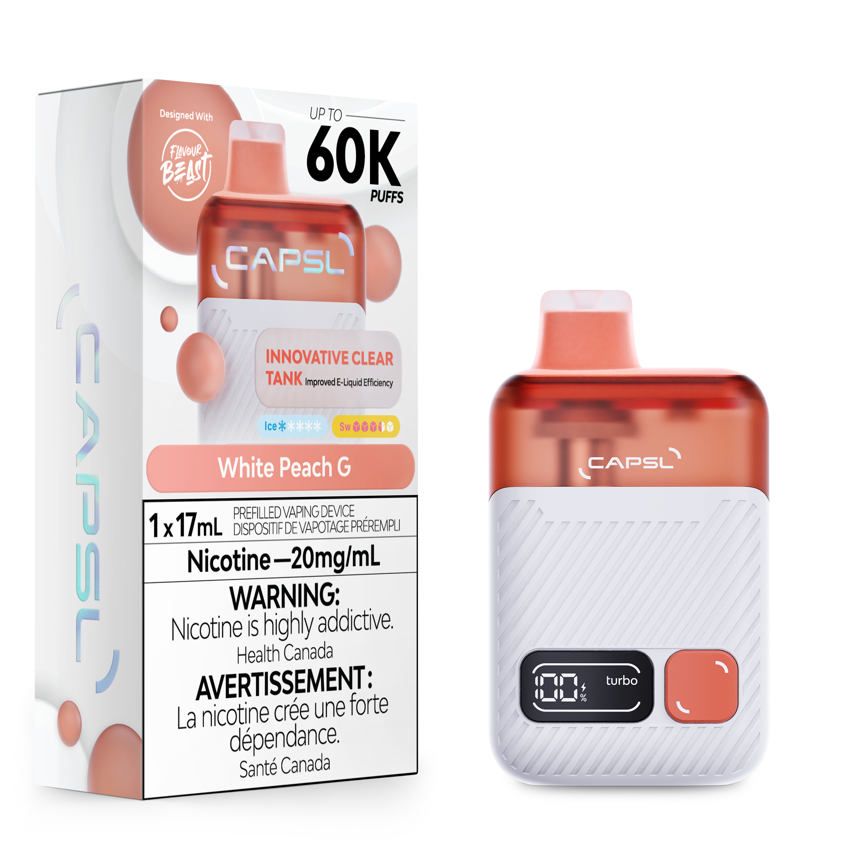 CAPSL vape device and packaging with white peach flavor on a white background