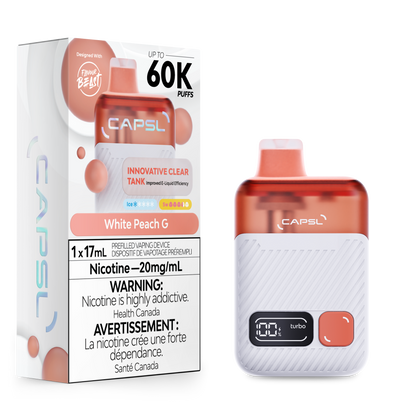 CAPSL vape device and packaging with white peach flavor on a white background