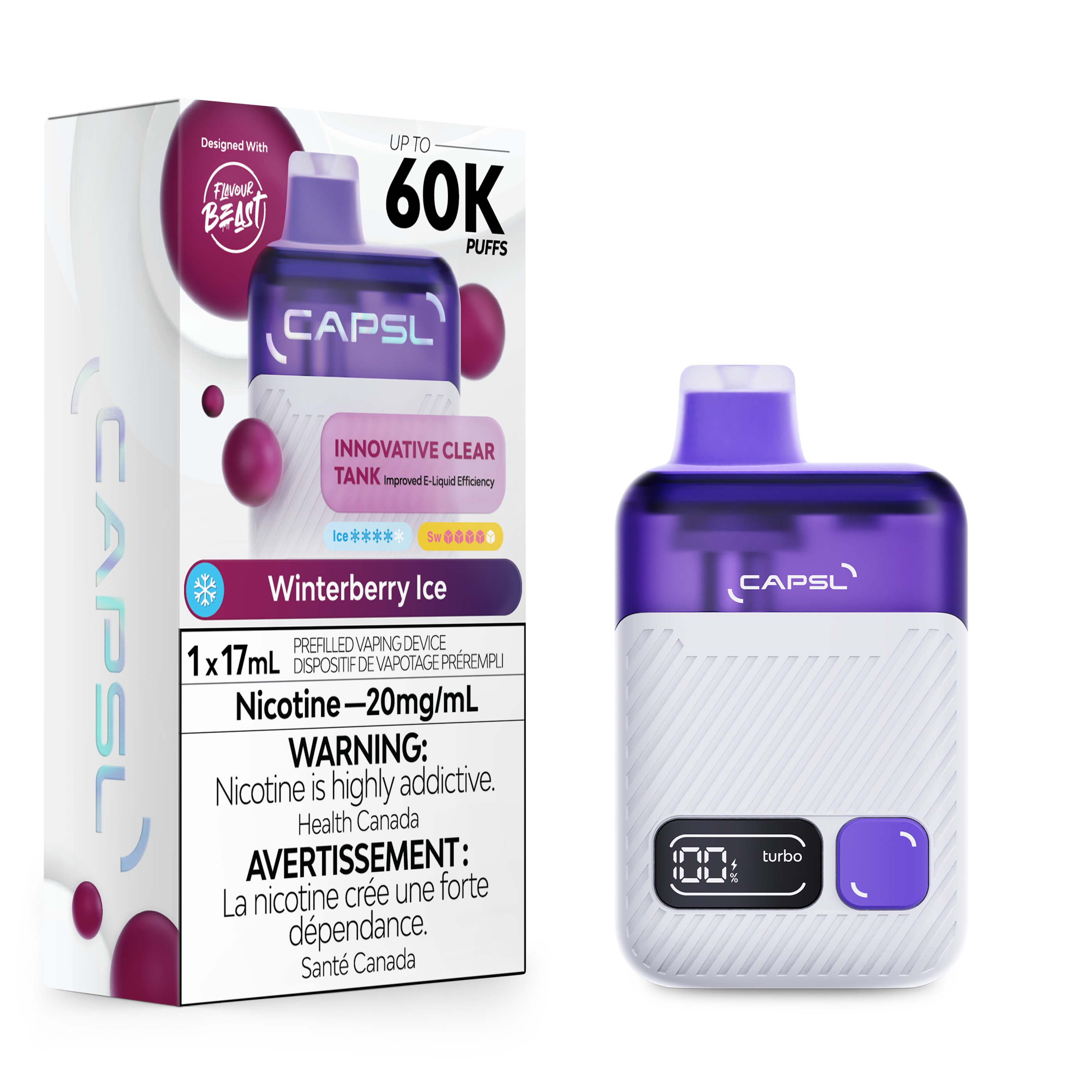 CAPSL vape device and packaging with winterberry ice flavor on a white background