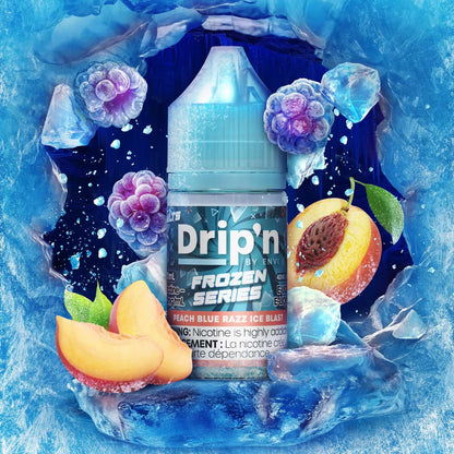 DRIP'N by Envi Frozen Series Salt 30mL, Peach Blue Razz Ice Blast flavour, icy salt nicotine vape e-liquid, bold and refreshing, ideal for Ontario and Quebec vapers.