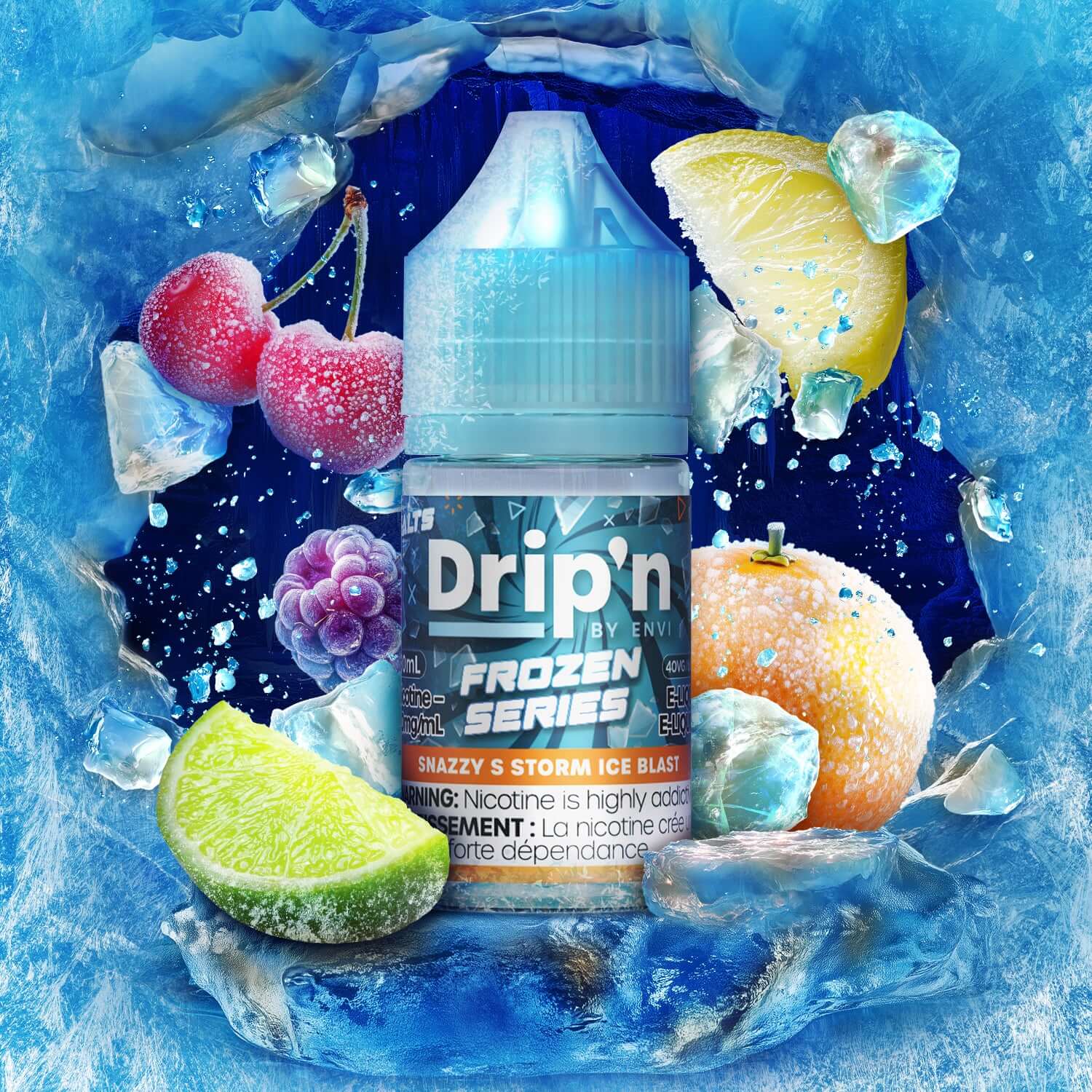 DRIP'N by Envi Frozen Series Salt 30mL, Snazzy S Storm Ice Blast flavour, bold icy vape with smooth salt nicotine, perfect for vapers in Ontario and Quebec seeking refreshment.