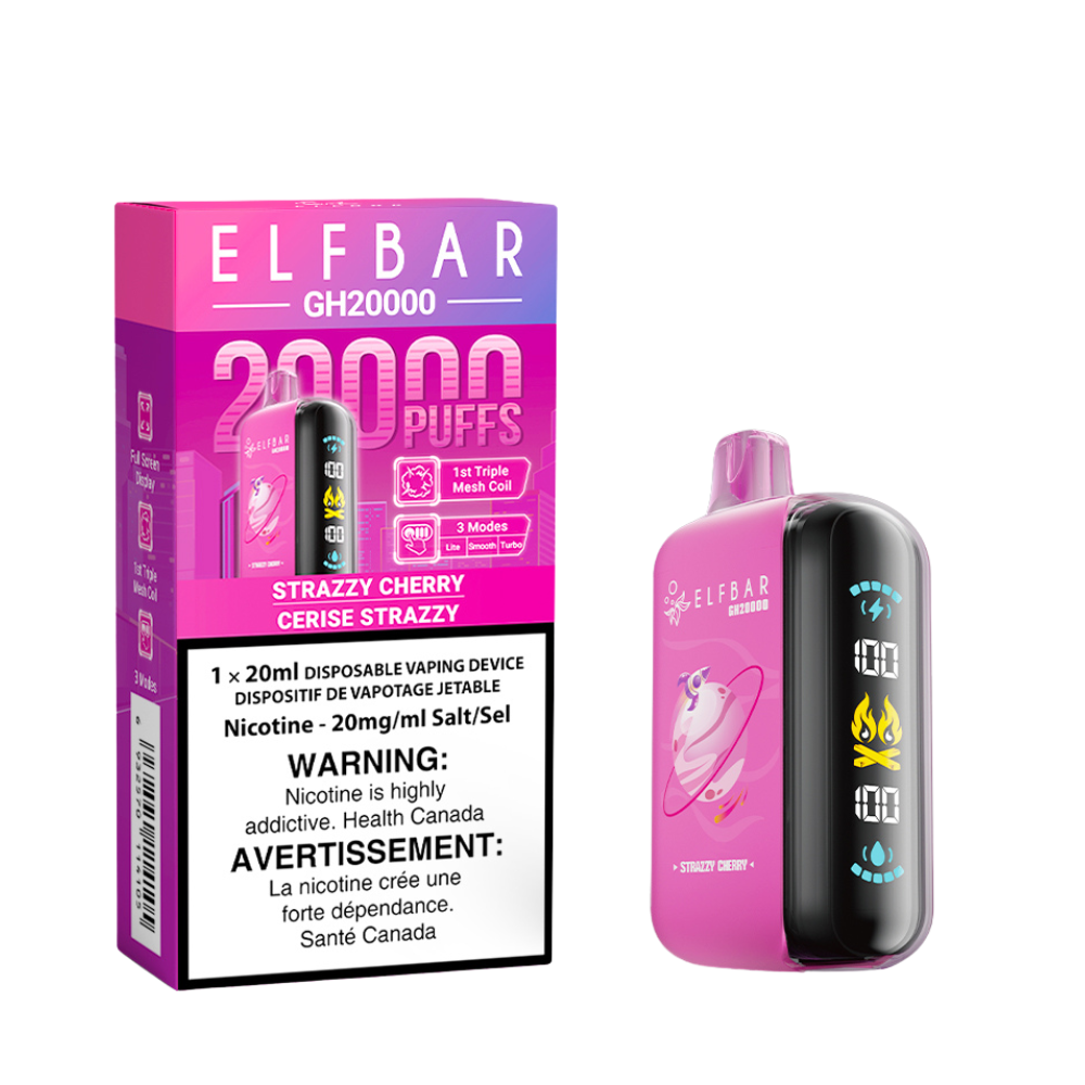 Elf Bar GH20K Disposable Vape, Sour Strawberry Dragonfruit flavour, 20,000 puffs, triple mesh coil, adjustable modes, rechargeable battery, premium disposable vape for Ontario and Quebec users.
