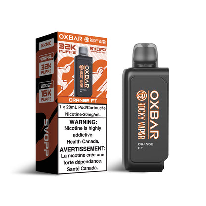 SVOPP Rocky Vapor OXBAR 32K, Orange Ft flavor, adjustable airflow and wattage, rich taste and smooth vapor, ideal for Ontario and Quebec vapers.