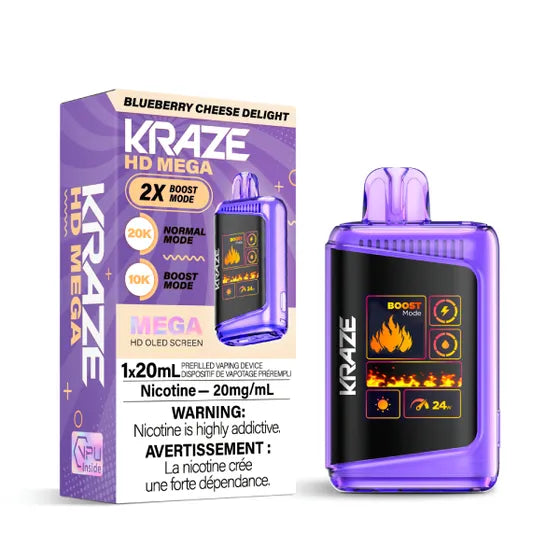 KRAZE HD Mega, Tangy Berries flavour, rechargeable disposable vape with smooth nicotine delivery, designed for Ontario and Quebec vapers.