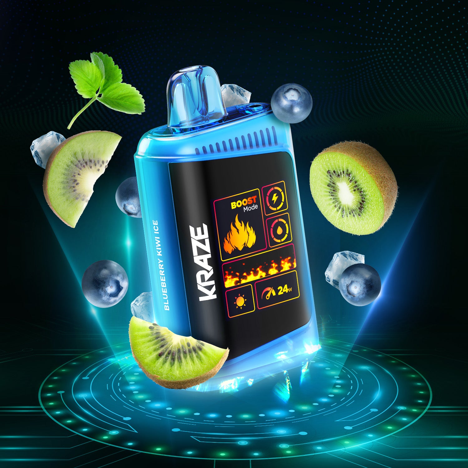 KRAZE HD Mega, Blueberry Kiwi Ice flavour, smooth nicotine satisfaction, intense flavour and vapor production, ideal for Ontario and Quebec vapers.