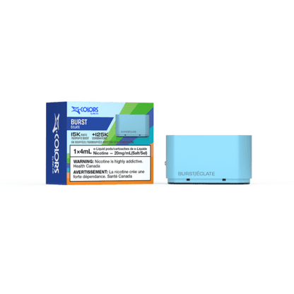 Z-Colors (Zpods) 15K Pod, Burst flavor, adjustable wattage with 4ml long-lasting capacity, customizable vaping experience for Ontario and Quebec users.