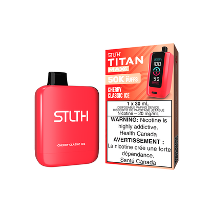STLTH Titan MAX 50K disposable vape, Cherry Classic Ice flavour, quad mesh coil, mega screen, precise airflow, USB-C charging, long-lasting vape device for Ontario and Quebec users.