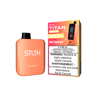 STLTH Titan MAX 50K, Juicy Peach Ice flavour with quad mesh coil and adjustable airflow, smooth customizable vaping experience, ideal for vapers in Ontario and Quebec.