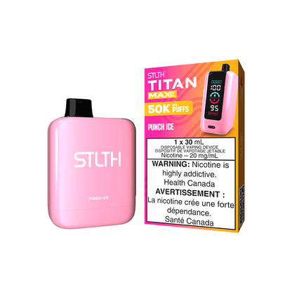 STLTH Titan MAX 50K, Punch Ice flavour, precise airflow control with LED indicators for e-liquid and battery levels, designed for Ontario and Quebec vapers.
