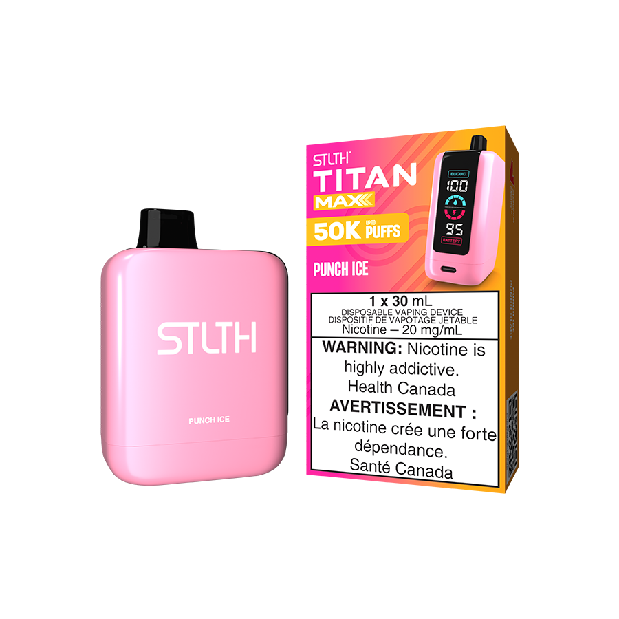 STLTH Titan MAX 50K, Punch Ice flavour, precise airflow control with LED indicators for e-liquid and battery levels, designed for Ontario and Quebec vapers.